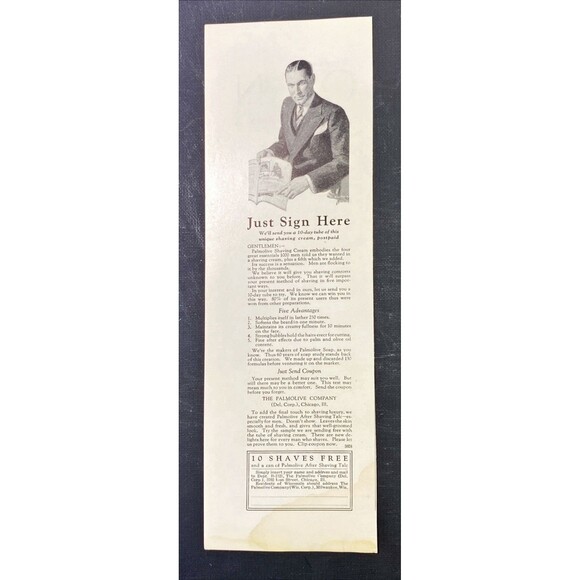 Palmolive Shaving Creme "10 Shaves Free and a Can of After Shaving Talc" Ad 1926 - Picture 3 of 3